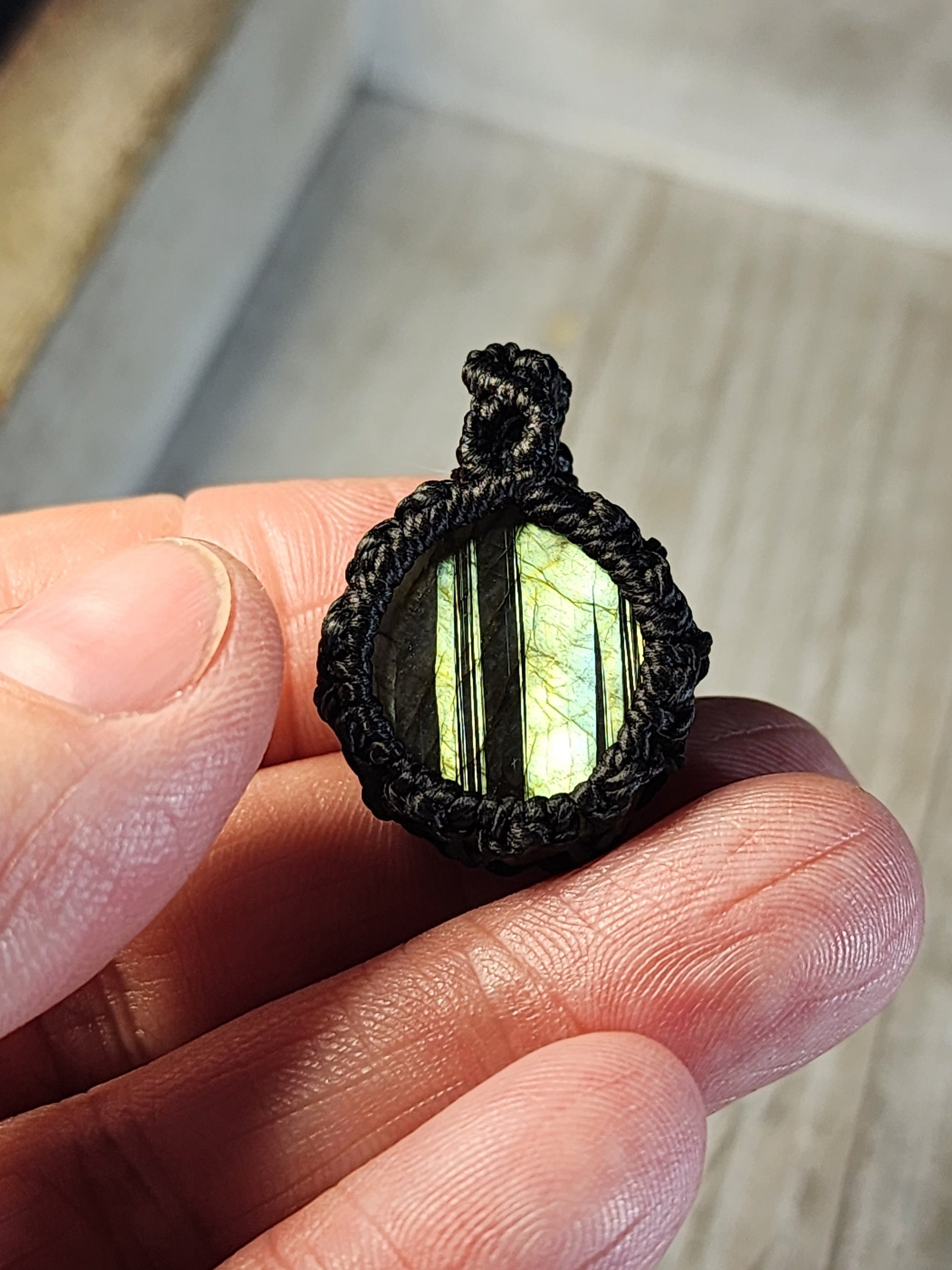 A Little Piece of Green Shimmery Heaven - Labradorite Crystal Micro Macrame Necklace